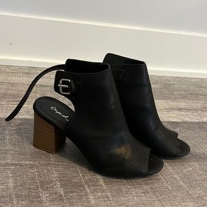 Black Qupid Shoes silver buckle and brown heel